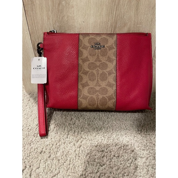 NWT COACH Wristlet Tan Signature Red Apple Leather Pouch Handbag Clutch - Picture 1 of 4